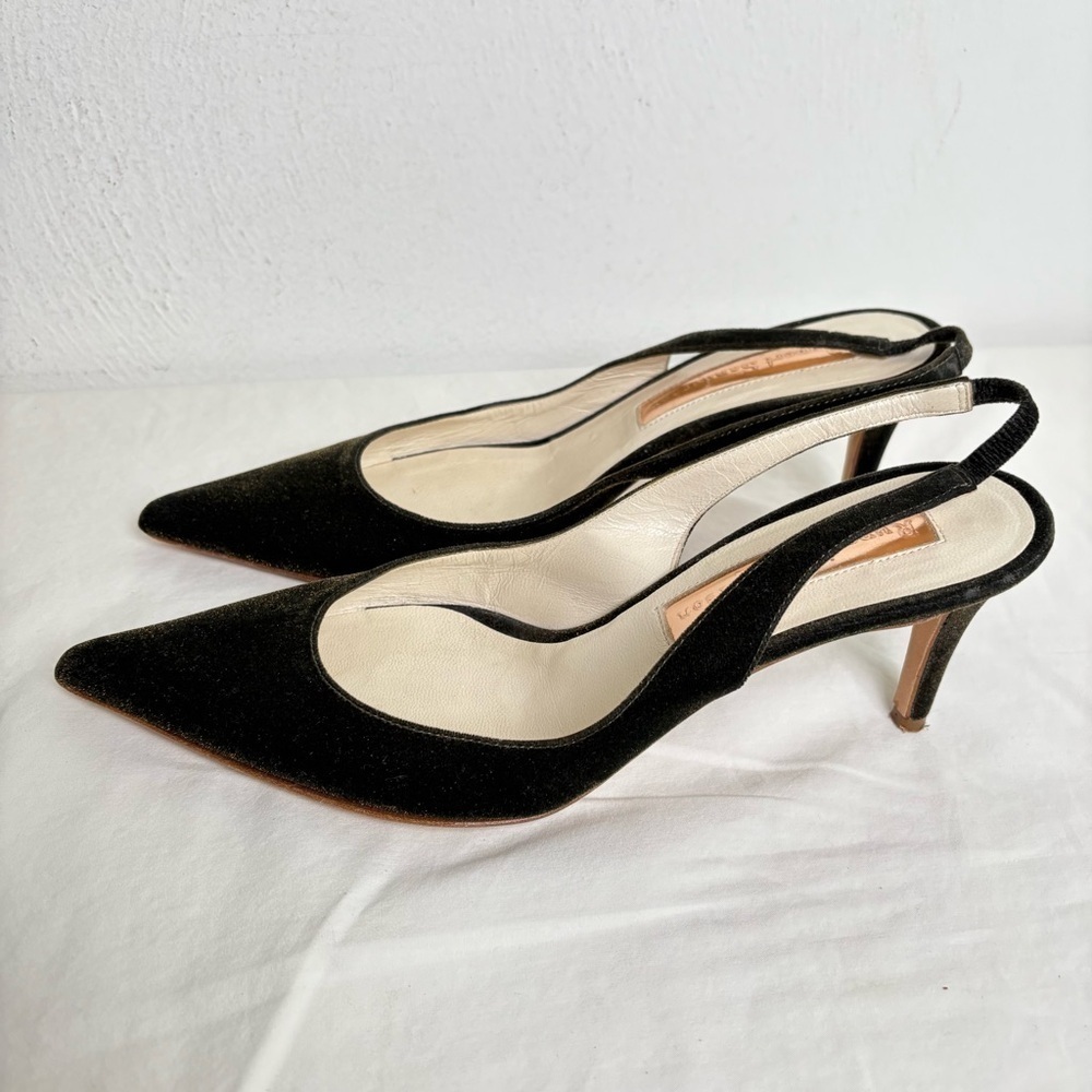 RUPERT SANDERSON Green Gold Velvet Pointed Toe Kitten Heel Slingback ITALY 5.5 - Picture 3 of 17